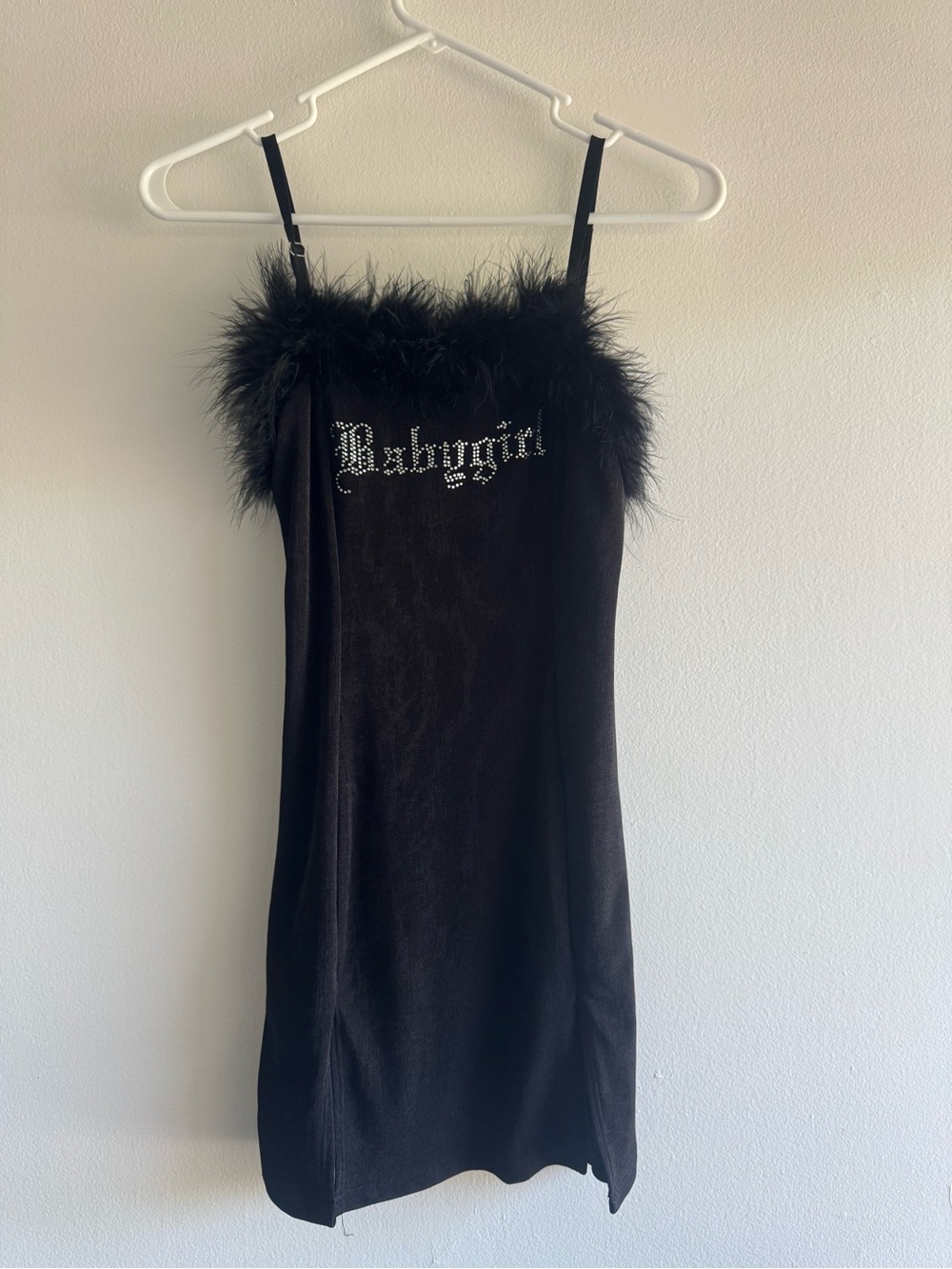 POSTER GIRL Babygirl Black Mini Dress with Feather Trim and Rhinestone logo
